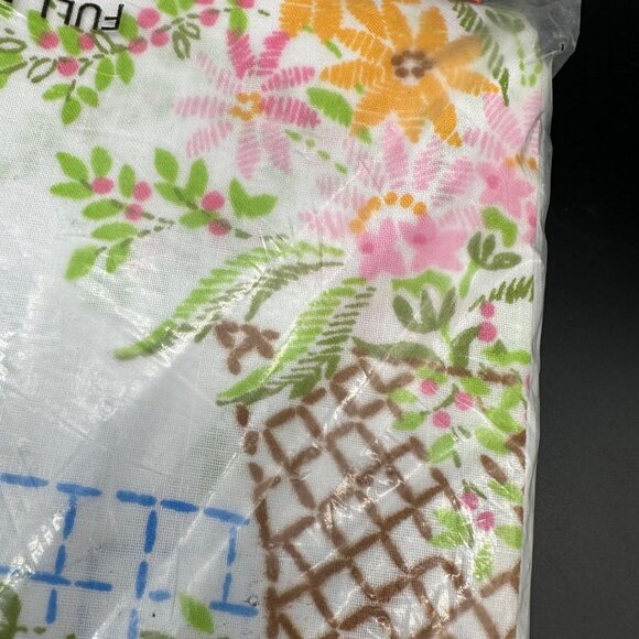 Vintage Full Flat Sheet Flower Basket Bonnie USA 1970s Cottagecore Cotton Blend - Picture 9 of 9